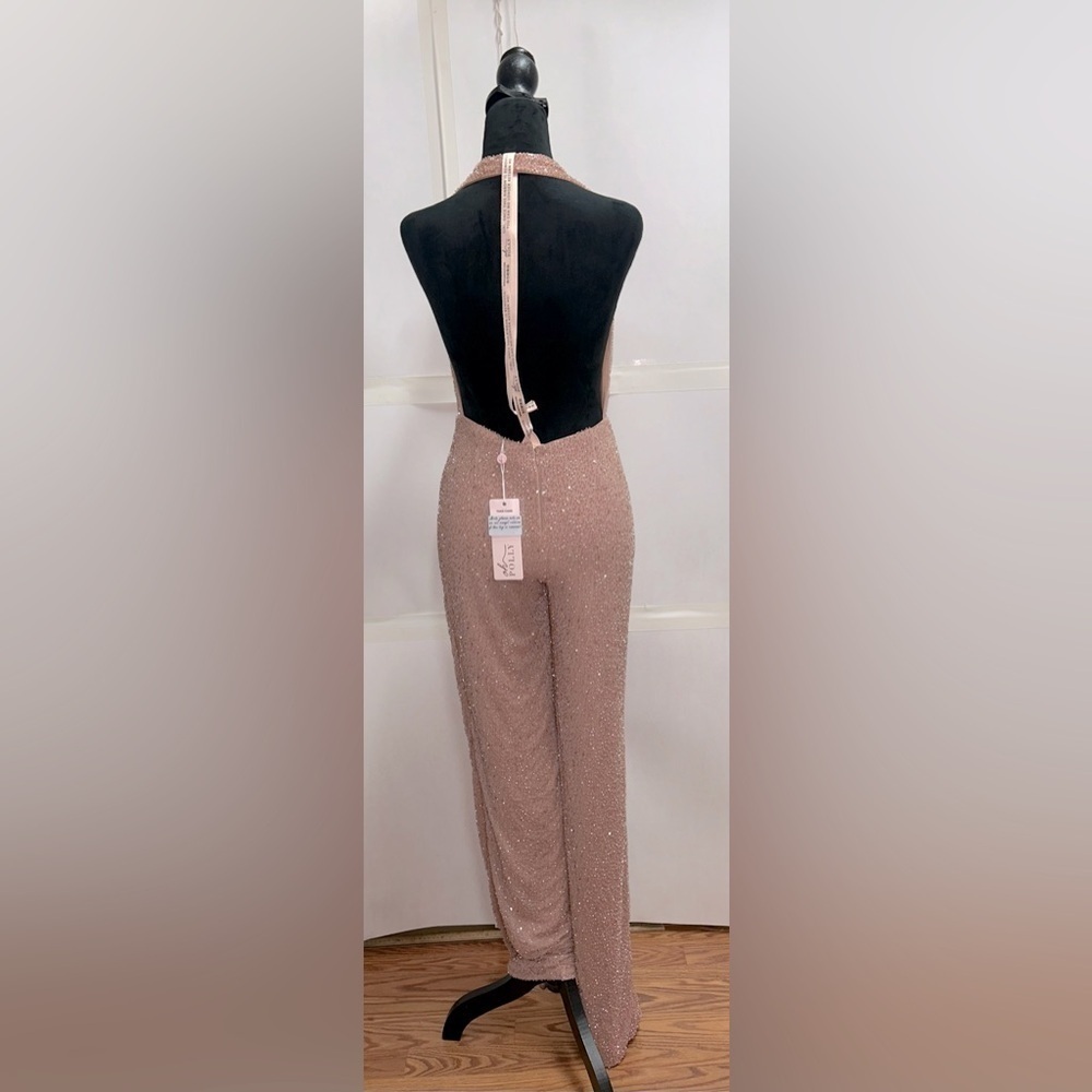 Oh Polly Embellished Plunge Neck Backless Halter Jumpsuit Beige Beaded Sequins 2 - Picture 5 of 15